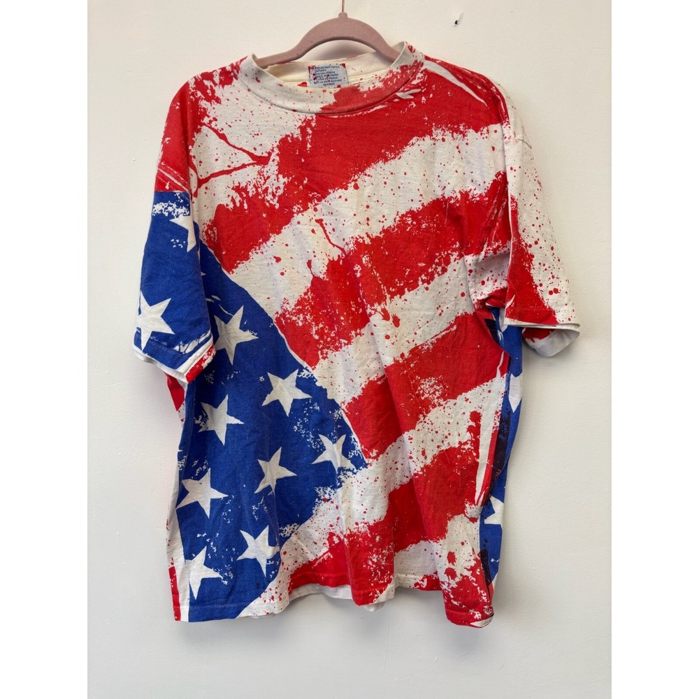 Vintage 90s All‎ Sport All Over Patriotic American Flag T Shirt July 4th Large